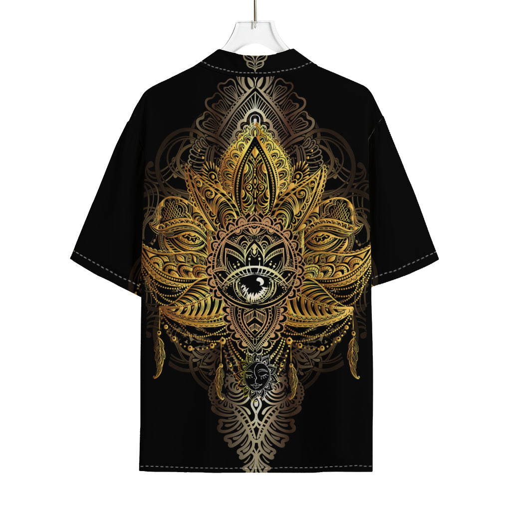 Golden Spiritual Lotus Print Rayon Hawaiian Shirt