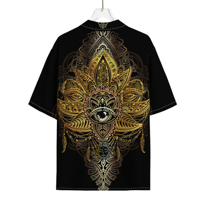 Golden Spiritual Lotus Print Rayon Hawaiian Shirt