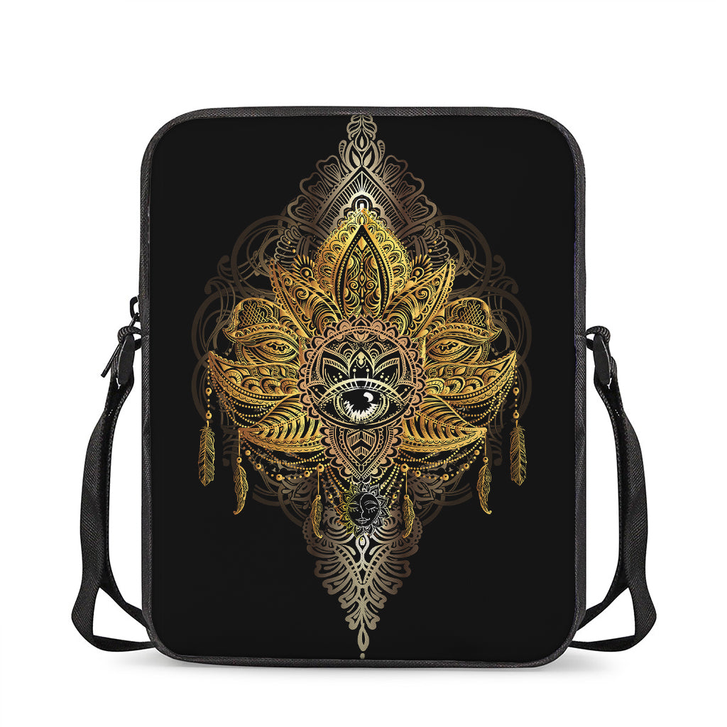 Golden Spiritual Lotus Print Rectangular Crossbody Bag