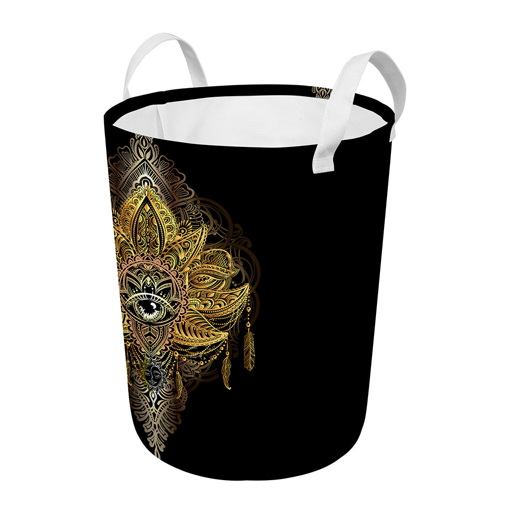 Golden Spiritual Lotus Print Round Laundry Basket