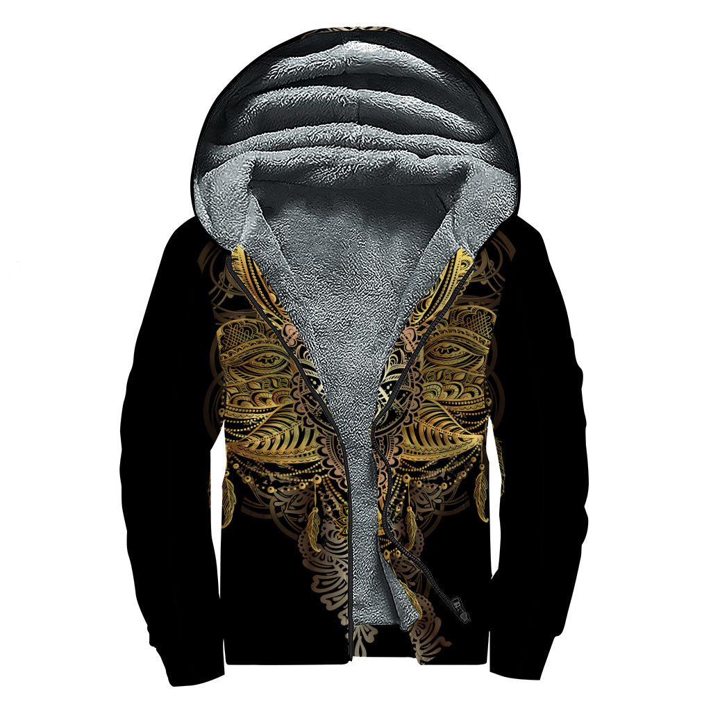 Golden Spiritual Lotus Print Sherpa Lined Zip Up Hoodie