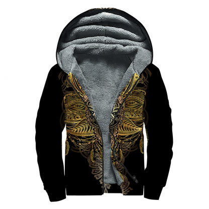 Golden Spiritual Lotus Print Sherpa Lined Zip Up Hoodie