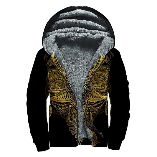 Golden Spiritual Lotus Print Sherpa Lined Zip Up Hoodie