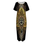 Golden Spiritual Lotus Print Short Sleeve Long Nightdress