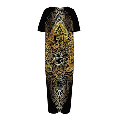 Golden Spiritual Lotus Print Short Sleeve Long Nightdress