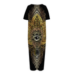 Golden Spiritual Lotus Print Short Sleeve Long Nightdress