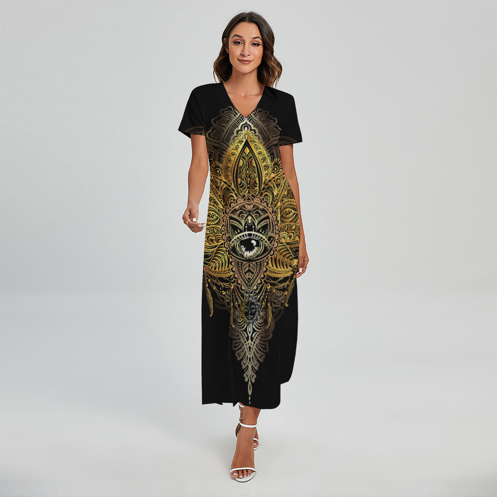Golden Spiritual Lotus Print Short Sleeve Maxi Dress