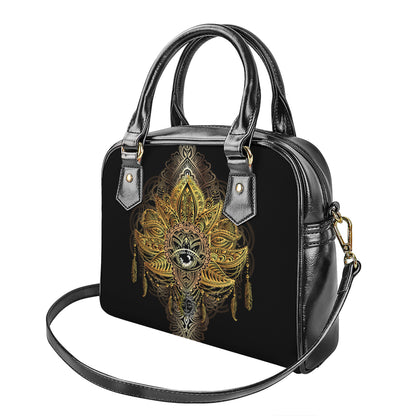 Golden Spiritual Lotus Print Shoulder Handbag