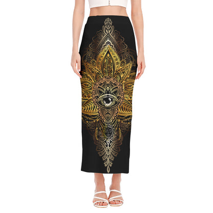 Golden Spiritual Lotus Print Side Slit Maxi Skirt