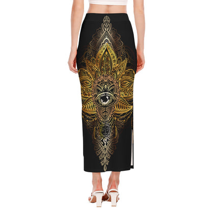 Golden Spiritual Lotus Print Side Slit Maxi Skirt