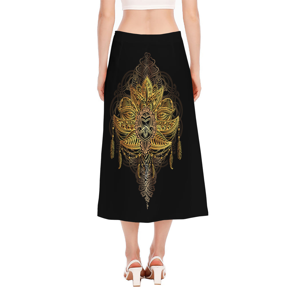 Golden Spiritual Lotus Print Side Slit Midi Skirt