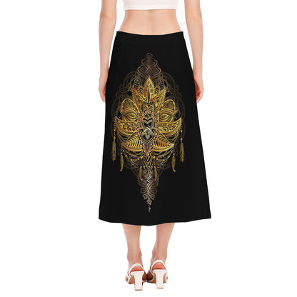 Golden Spiritual Lotus Print Side Slit Midi Skirt
