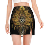 Golden Spiritual Lotus Print Side Slit Mini Skirt