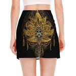 Golden Spiritual Lotus Print Side Slit Mini Skirt