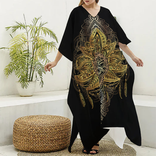 Golden Spiritual Lotus Print Silk V-Neck Kaftan Dress
