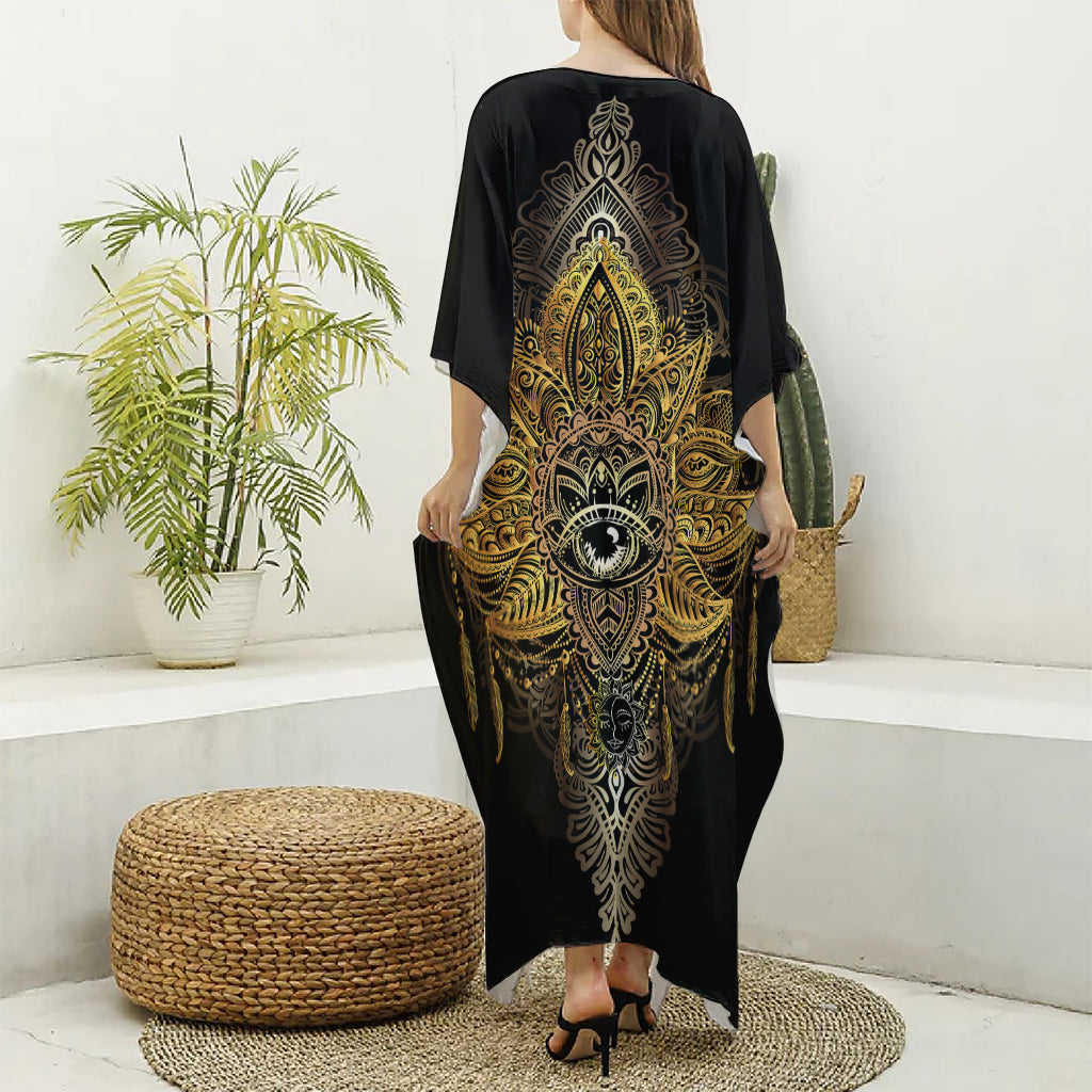 Golden Spiritual Lotus Print Silk V-Neck Kaftan Dress