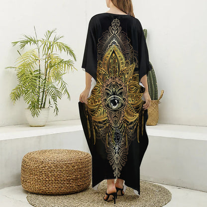 Golden Spiritual Lotus Print Silk V-Neck Kaftan Dress