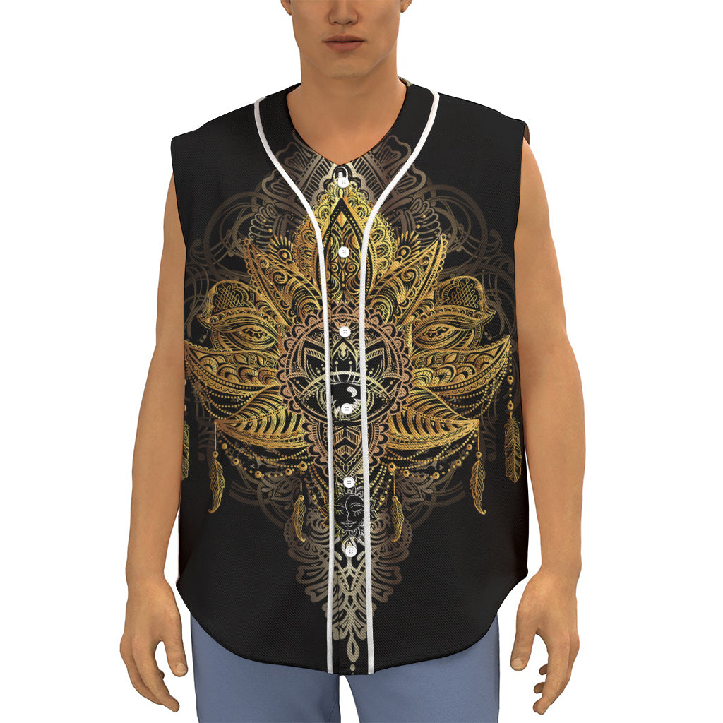 Golden Spiritual Lotus Print Sleeveless Baseball Jersey