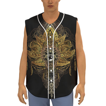 Golden Spiritual Lotus Print Sleeveless Baseball Jersey