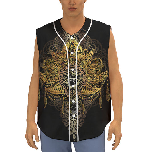 Golden Spiritual Lotus Print Sleeveless Baseball Jersey