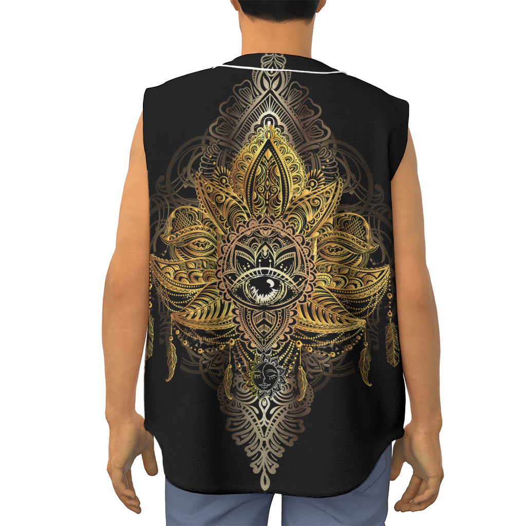 Golden Spiritual Lotus Print Sleeveless Baseball Jersey