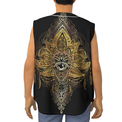 Golden Spiritual Lotus Print Sleeveless Baseball Jersey