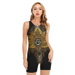 Golden Spiritual Lotus Print Sleeveless One Piece Swimsuit