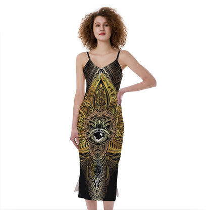 Golden Spiritual Lotus Print Slim Fit Midi Cami Dress