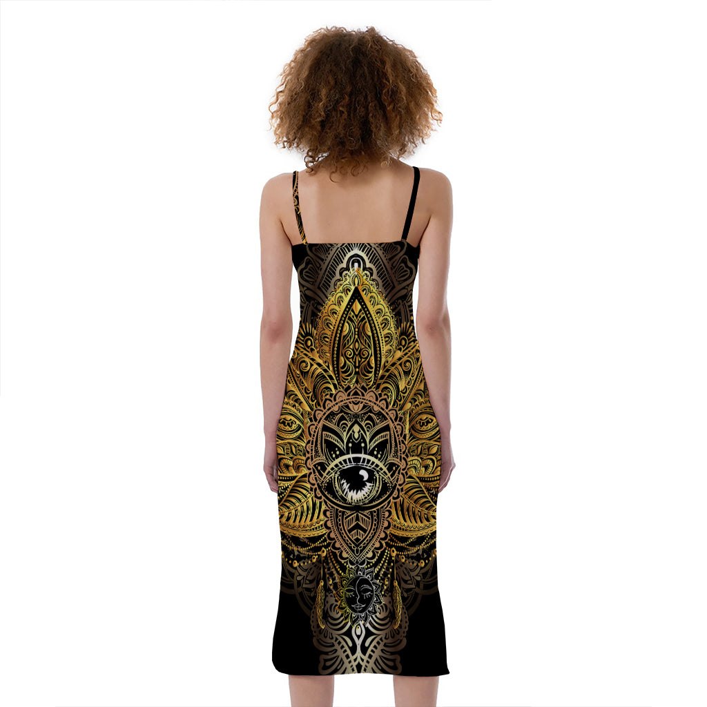 Golden Spiritual Lotus Print Slim Fit Midi Cami Dress