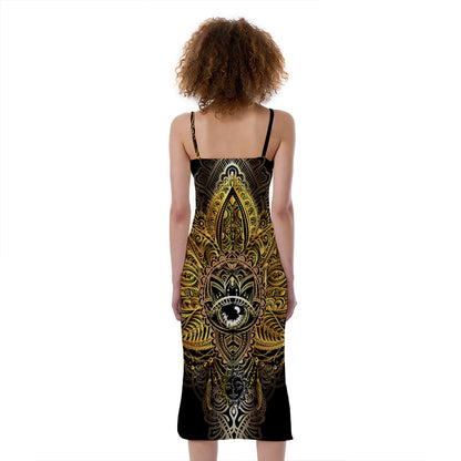 Golden Spiritual Lotus Print Slim Fit Midi Cami Dress