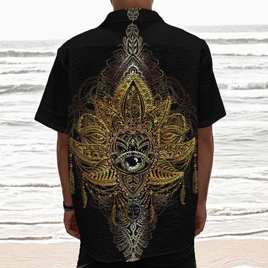 Golden Spiritual Lotus Print Textured Short Sleeve Shirt