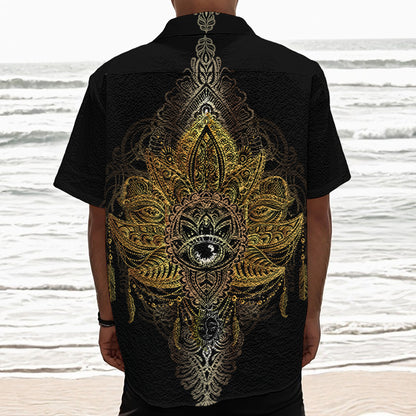 Golden Spiritual Lotus Print Textured Short Sleeve Shirt