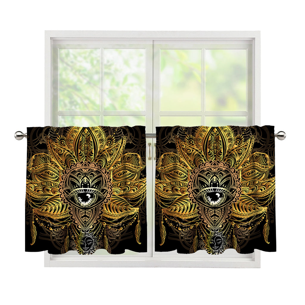 Golden Spiritual Lotus Print Tier Curtains