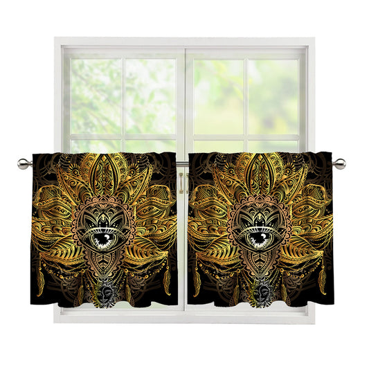 Golden Spiritual Lotus Print Tier Curtains