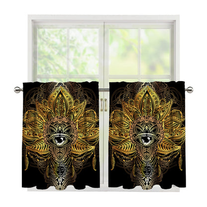Golden Spiritual Lotus Print Tier Curtains
