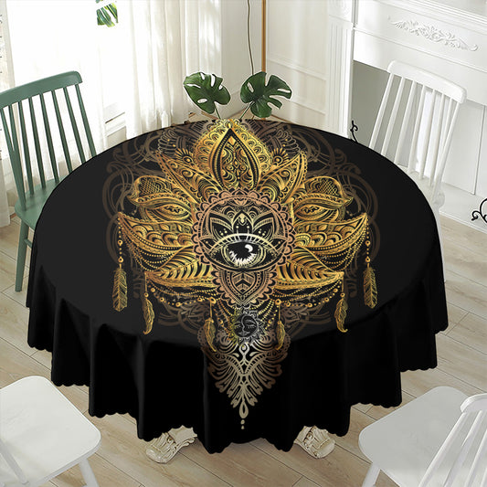 Golden Spiritual Lotus Print Waterproof Round Tablecloth