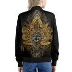 Golden Spiritual Lotus Print Women's Bomber Jacket