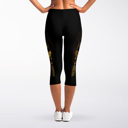 Golden Spiritual Lotus Print Women's Capri Leggings