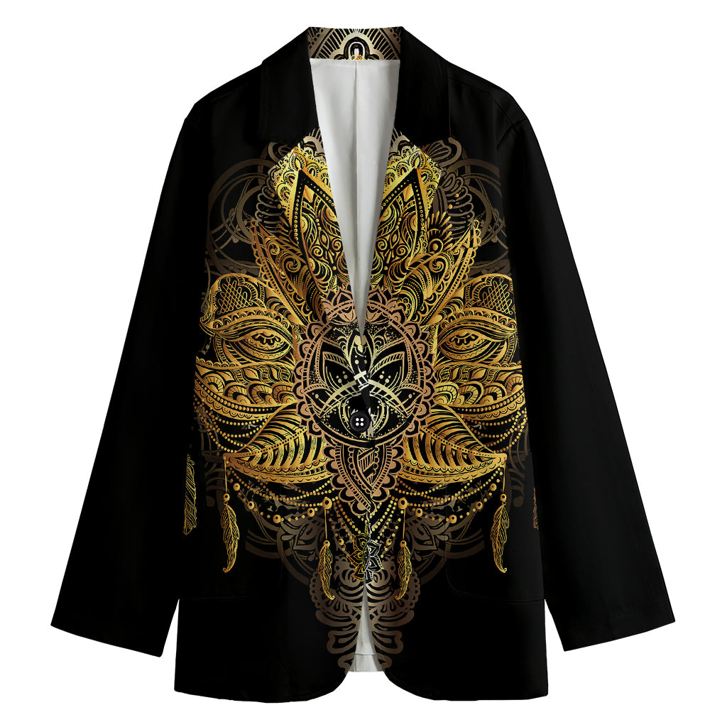 Golden Spiritual Lotus Print Women's Cotton Blazer