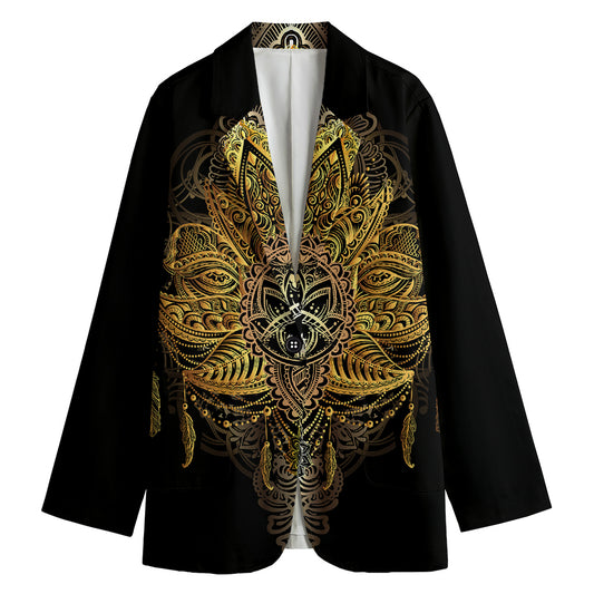 Golden Spiritual Lotus Print Women's Cotton Blazer