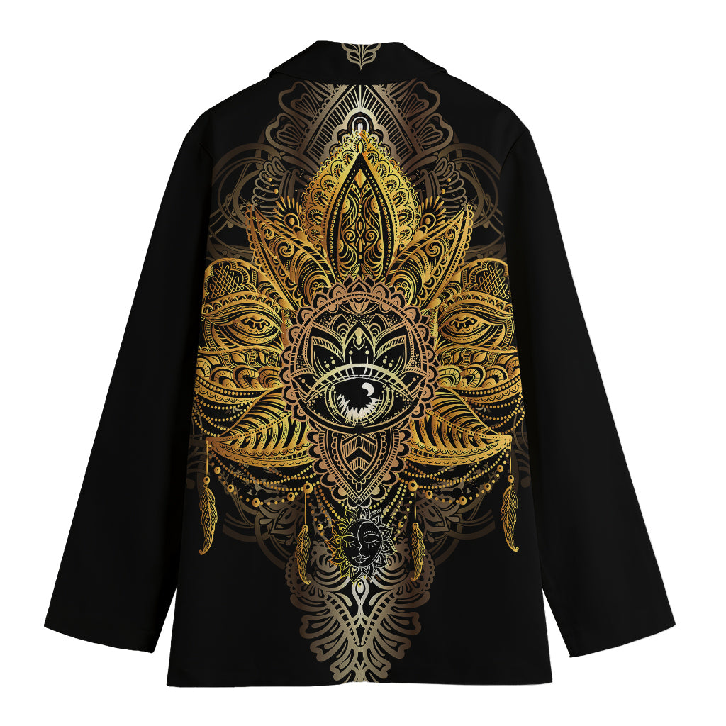 Golden Spiritual Lotus Print Women's Cotton Blazer