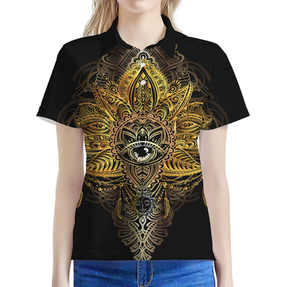 Golden Spiritual Lotus Print Women's Polo Shirt