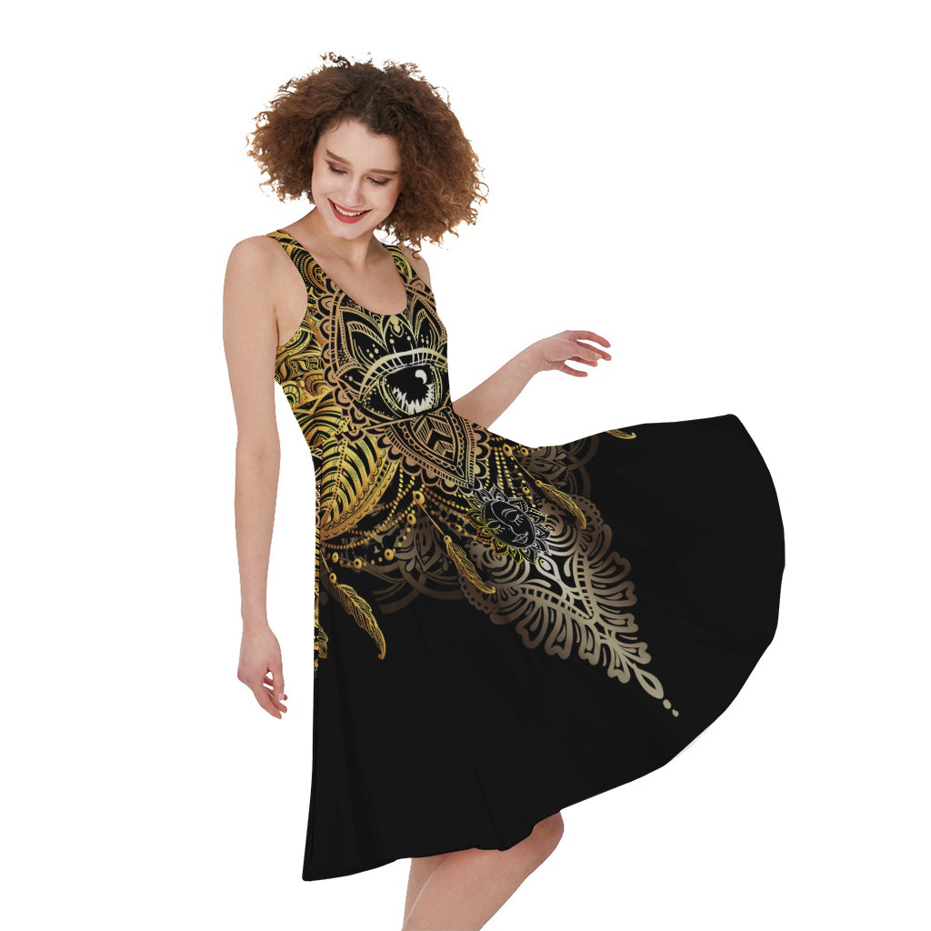 Golden Spiritual Lotus Print Women's Sleeveless Dress