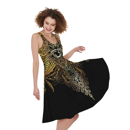 Golden Spiritual Lotus Print Women's Sleeveless Dress