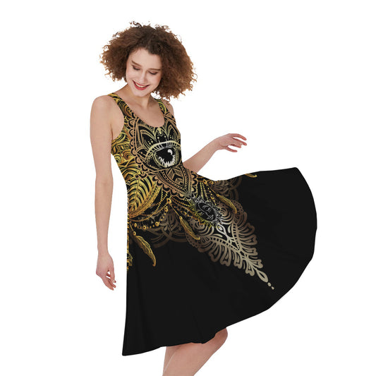 Golden Spiritual Lotus Print Women's Sleeveless Dress