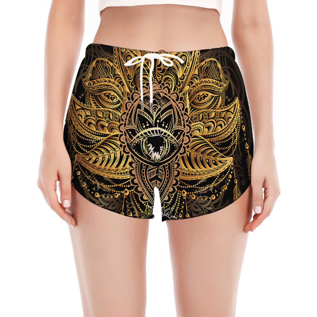 Golden Spiritual Lotus Print Women's Split Running Shorts
