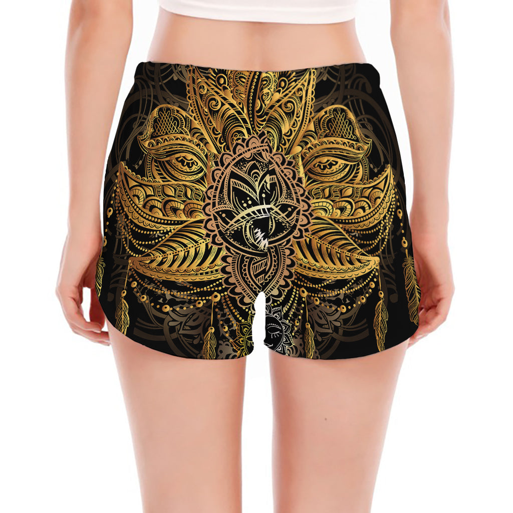 Golden Spiritual Lotus Print Women's Split Running Shorts