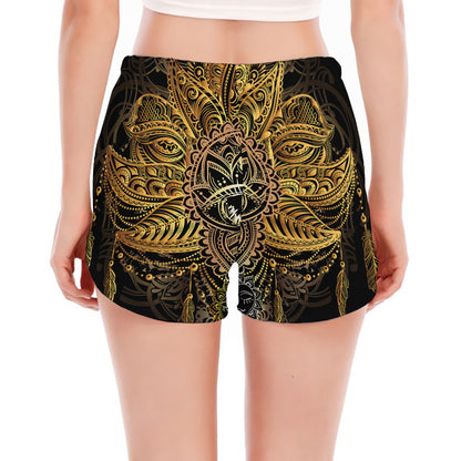 Golden Spiritual Lotus Print Women's Split Running Shorts