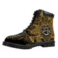 Golden Spiritual Lotus Print Padded Collar Lace Up Boots