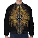 Golden Spiritual Lotus Print Zip Sleeve Bomber Jacket